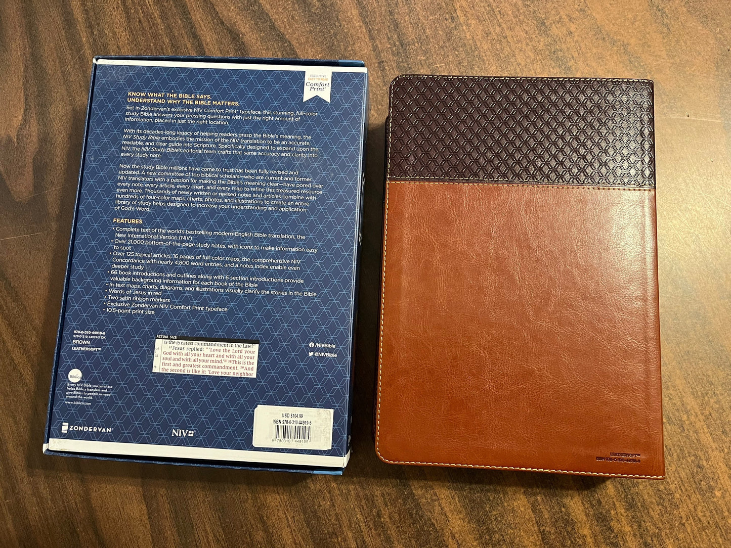 Personalized NIV Large Print Study Bible Thumb Indexed with book tabs, Brown LeatherSoft, Custom Imprinted with a name, 9780310449195