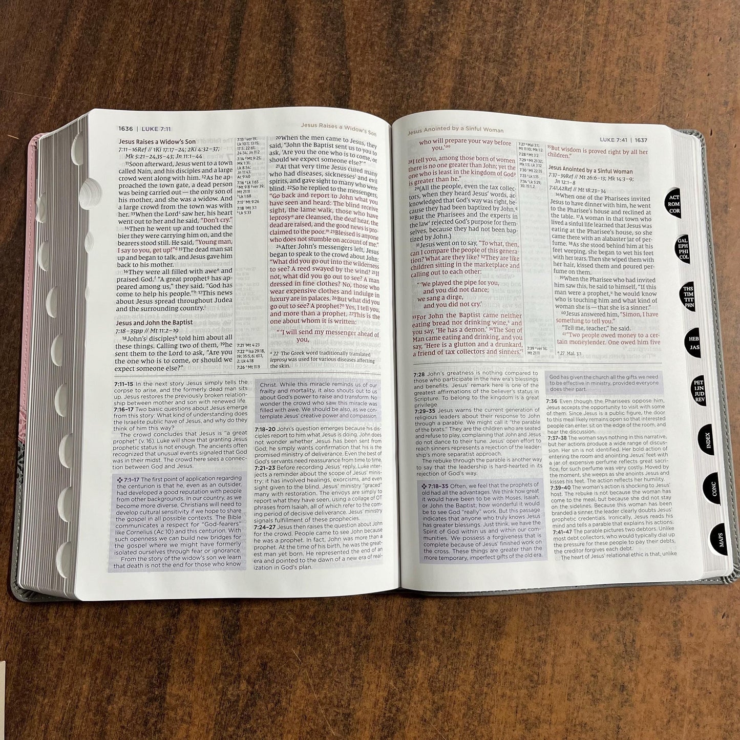 Personalized NIV Large Print Life Application Study Bible Thumb Indexed - Pink / Gray LeatherSoft, Custom Imprinted with name 9780310465348
