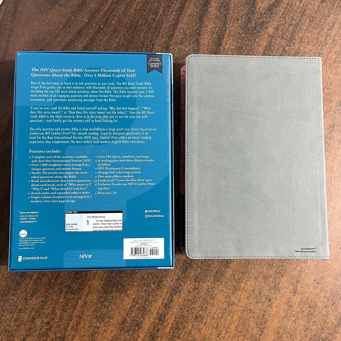 Personalized NIV Large Print Quest Study Bible - Gray / Pink LeatherSoft - Custom Imprinted with name, 9780310456836
