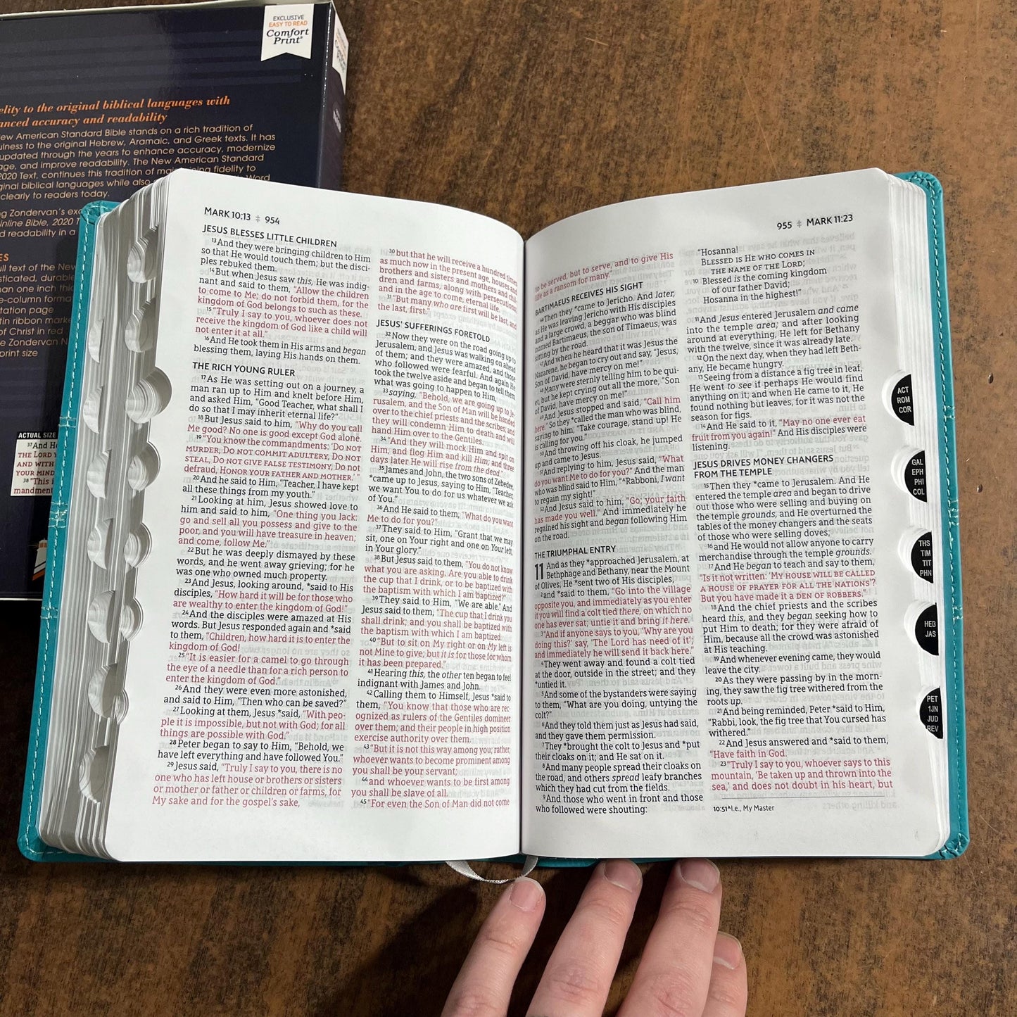 Personalized NASB Thinline Bible Thumb Indexed - Teal LeatherSoft, Custom Imprinted with a name, ISBN 9780310456667, NASB 2020 Text