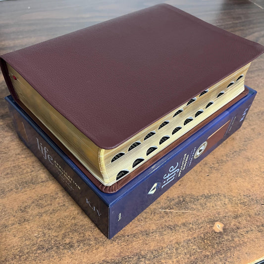 Personalized KJV Large Print Life Application Study Bible Thumb Indexed - Burgundy Genuine Leather, Custom Imprinted with name 9781496477477