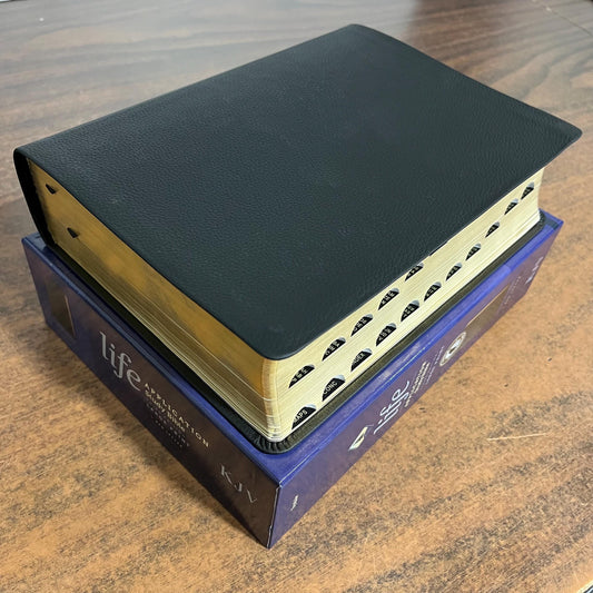 Personalized KJV Large Print Life Application Study Bible Thumb Indexed - Black Genuine Leather, Custom Imprinted with name 9781496477491