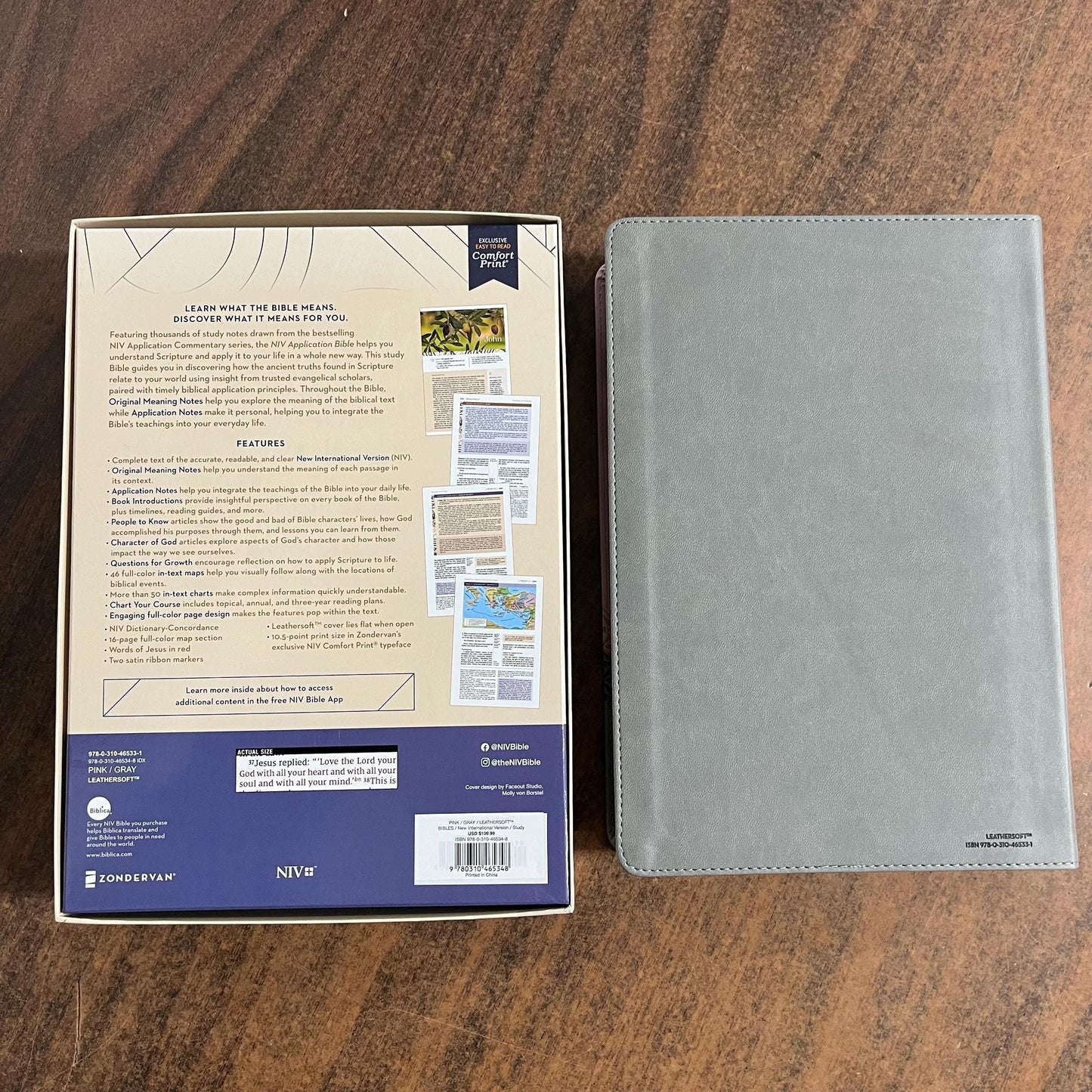 Personalized NIV Large Print Life Application Study Bible Thumb Indexed - Pink / Gray LeatherSoft, Custom Imprinted with name 9780310465348