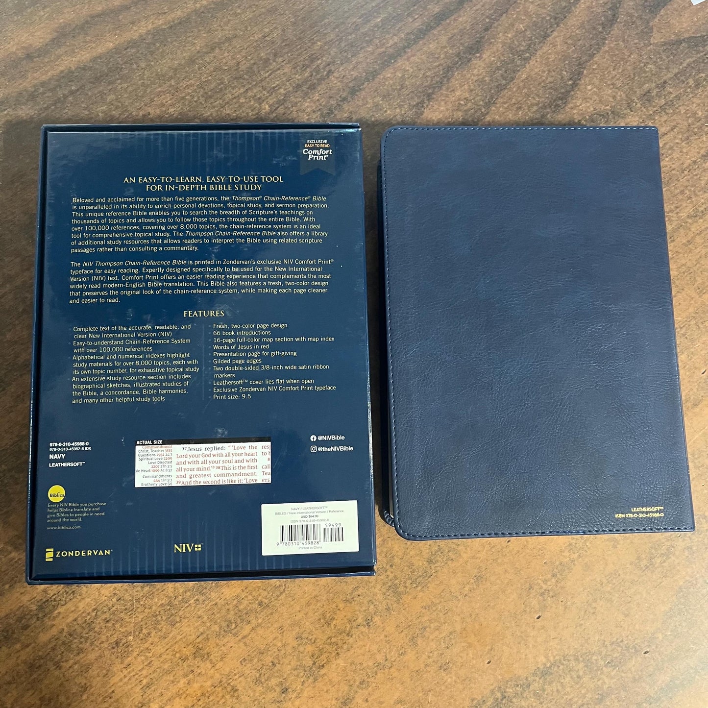 Personalized NIV Thompson Chain Reference Study Bible Thumb Indexed - Navy LeatherSoft, Custom Imprinted, ISBN 9780310459828