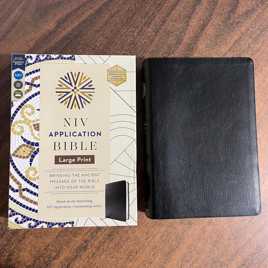 Personalized NIV Large Print Application Study Bible - Black European Bonded Leather,  Custom Imprinted, 9780310465287 (Update to Life Application Bible)