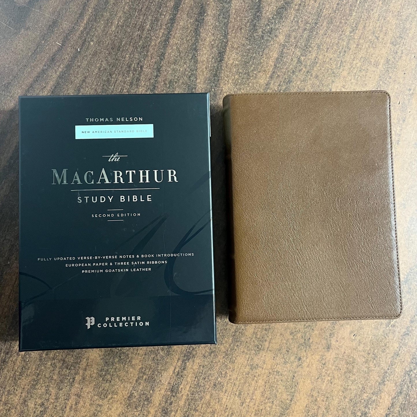 Personalized NASB MacArthur Study Bible, Brown Premium Genuine Goatskin Leather, Premier Collection, ISBN 9780785230892 NASB 1995