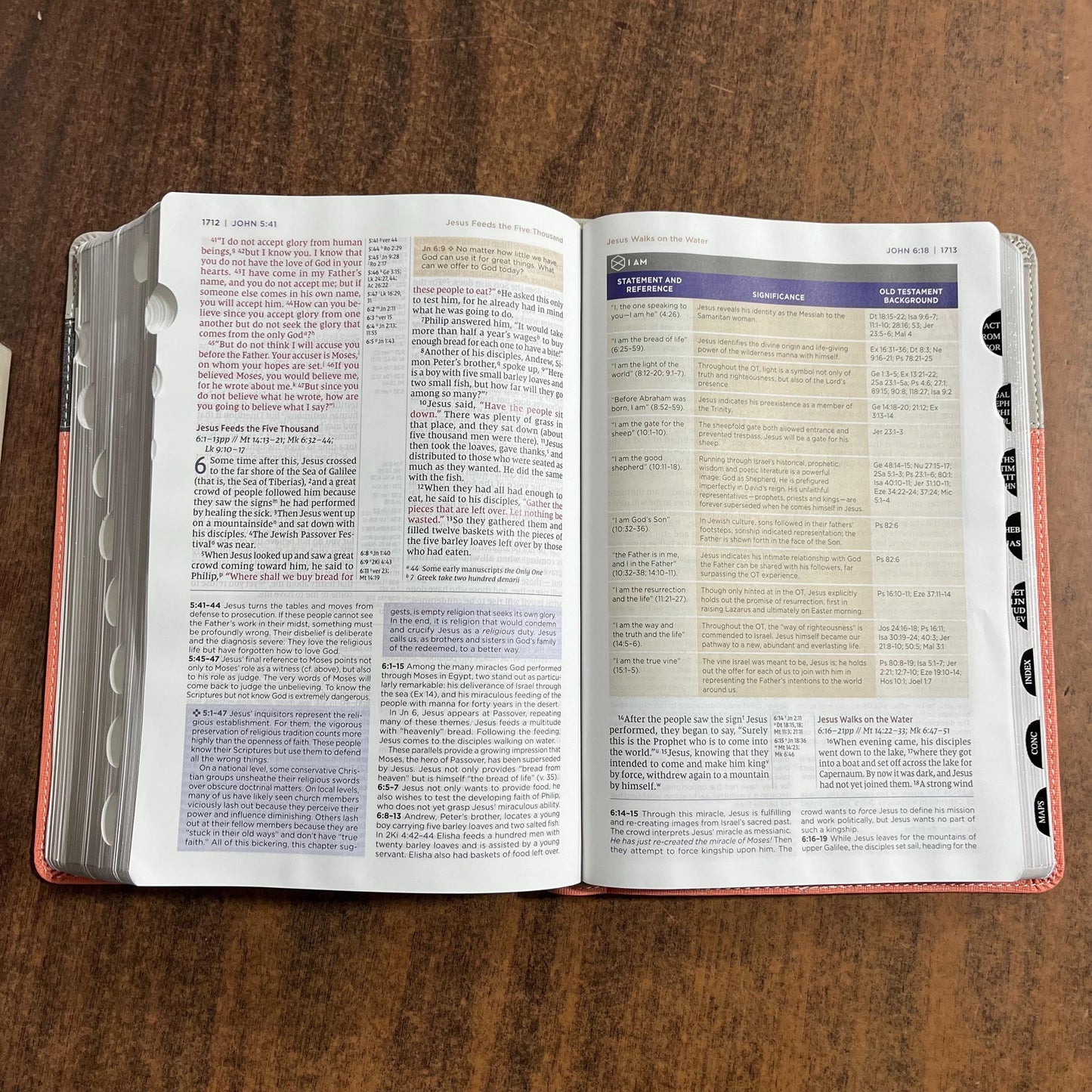 Personalized NIV Life Application Study Bible Thumb Indexed with Tabs - Coral / Gray LeatherSoft -Custom Imprinted with a name 9780310465171