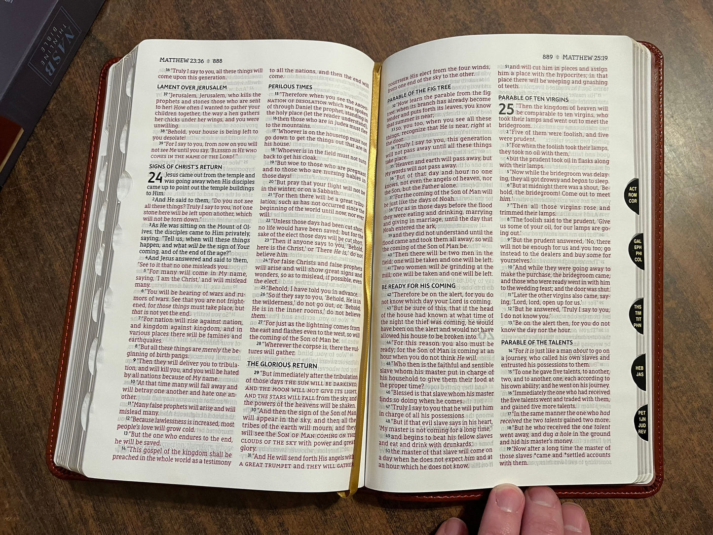 Personalized NASB Thinline Bible with Thumb Indexed Book Tabs - Brown LeatherSoft, Custom name engraved Imprinted, 9780310456360