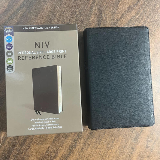 Personalized NIV Large Print Personal Size Reference Bible - Black Calfskin Premium Genuine Leather - Custom Imprinted name, 9780310449768