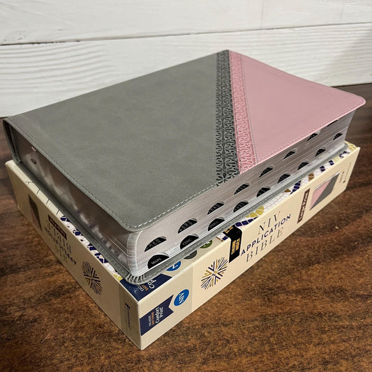 Personalized NIV Large Print Application Study Bible Thumb Indexed - Pink / Gray LeatherSoft,  Custom Imprinted with name 9780310465348 (Update to Life Application Bible)