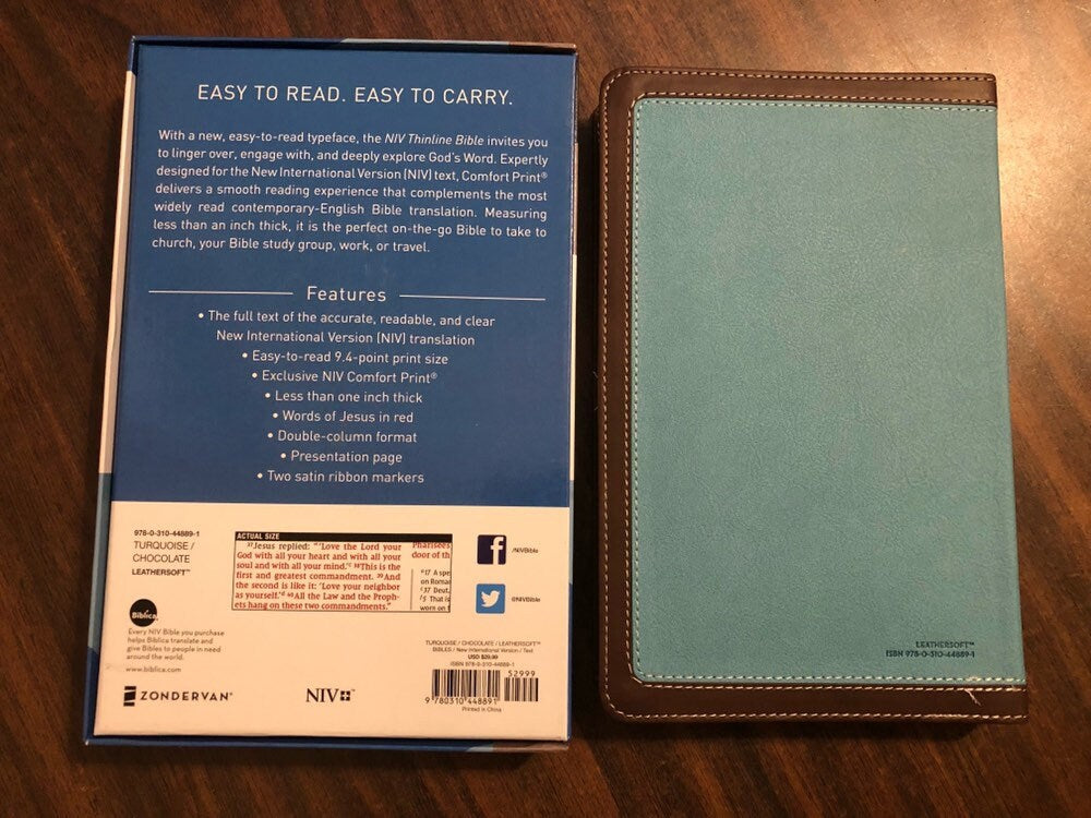 Personalized NIV Thinline Bible - Turquoise / Brown Duotone - Custom Imprinted with name 9780310448891