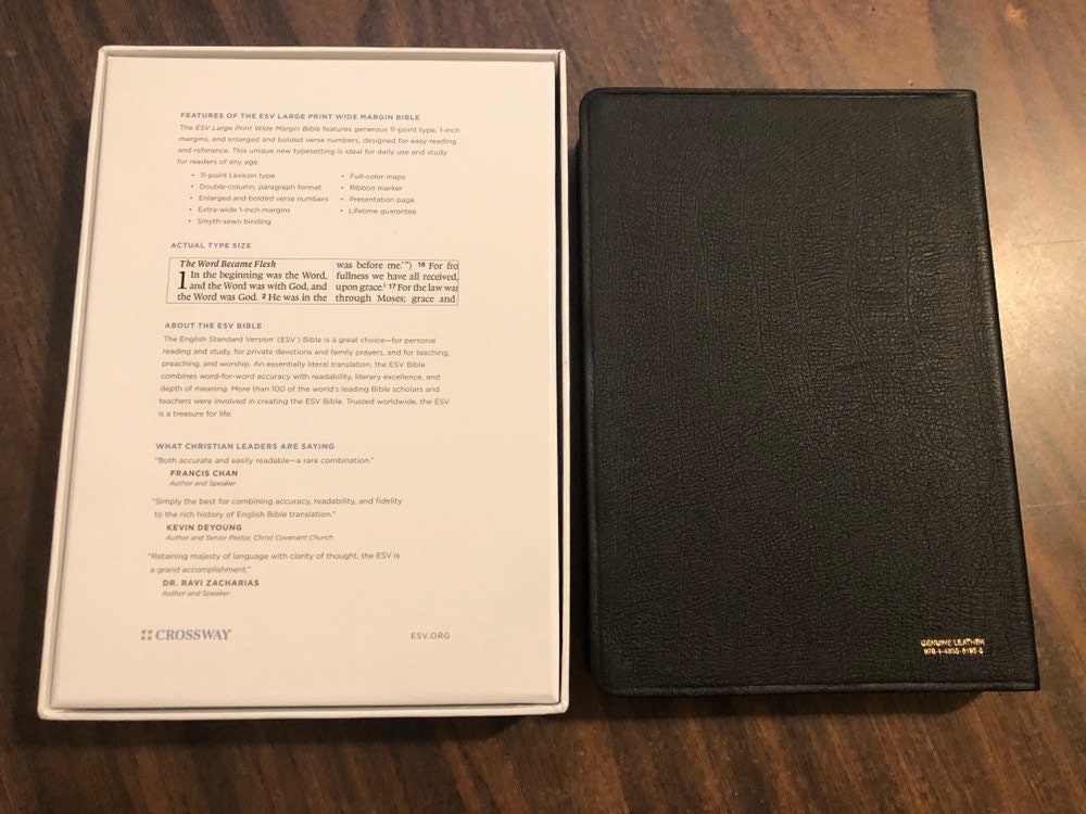 Personalized ESV Large Print Wide Margin Bible - Black Genuine Leather - Custom Imprinted with a name 9781433561955