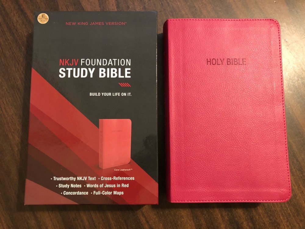 Personalized Study Bible, NKJV Foundation Study Bible - Coral Leathersoft - Custom Imprinted with name engraved