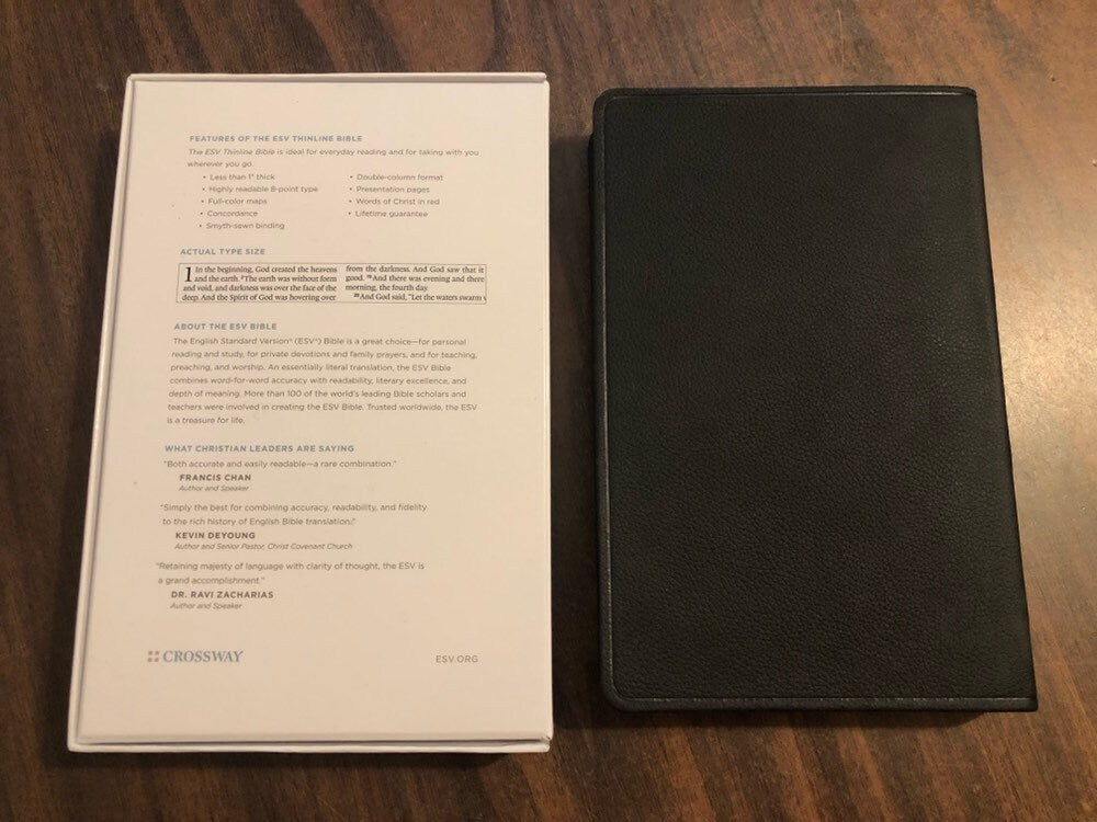 Personalized ESV Thinline Bible - Black Top Grain Genuine Leather - Custom printed with name on cover