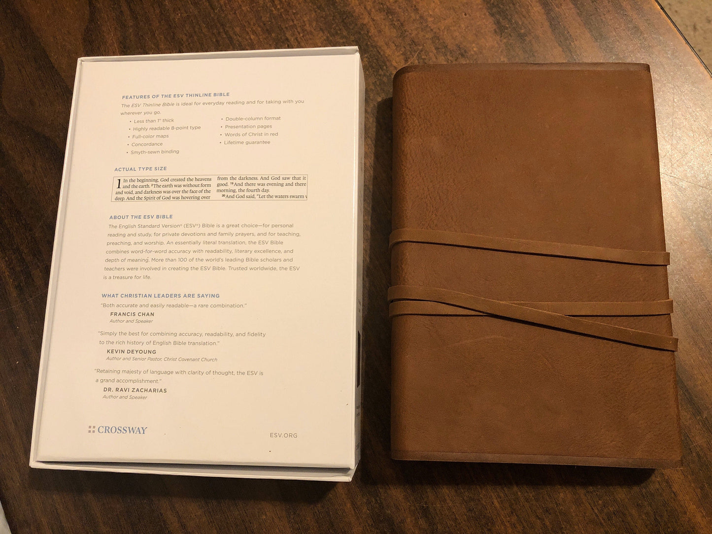 Personalized ESV Thinline Bible - Brown Natural Genuine Leather with Flap Custom Imprinted, ISBN 9781433553417, 16spaces