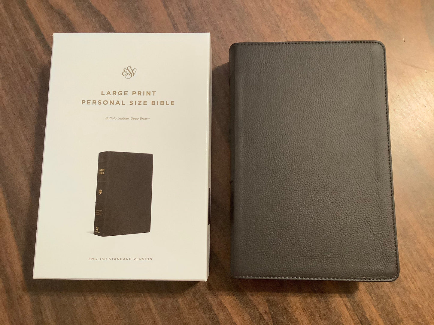 Personalized ESV Large Print Personal Size Bible - Deep Brown Buffalo Genuine Leather, Custom Imprinted, ISBN 9781433572029