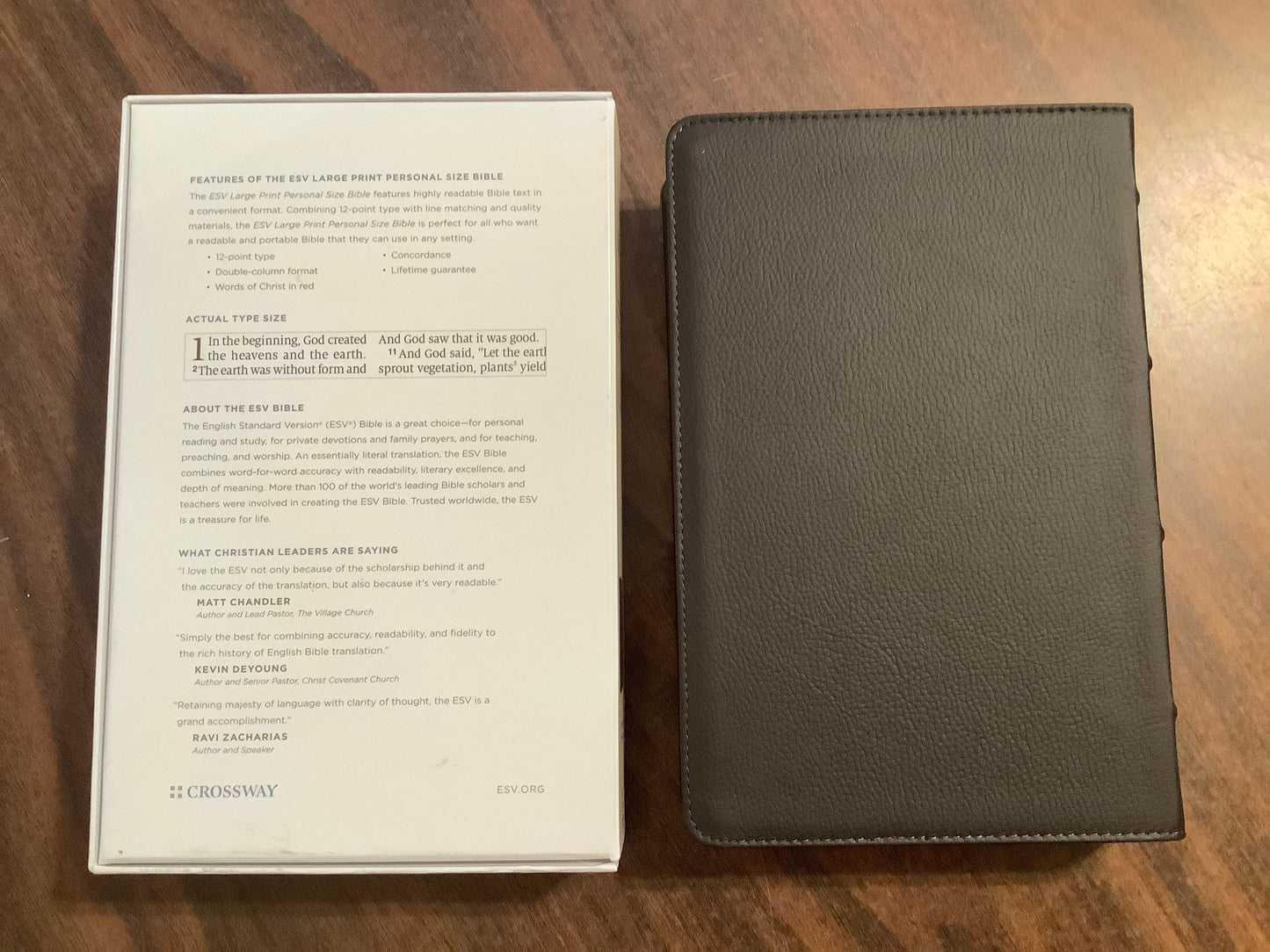 Personalized ESV Large Print Personal Size Bible - Deep Brown Buffalo Genuine Leather, Custom Imprinted, ISBN 9781433572029