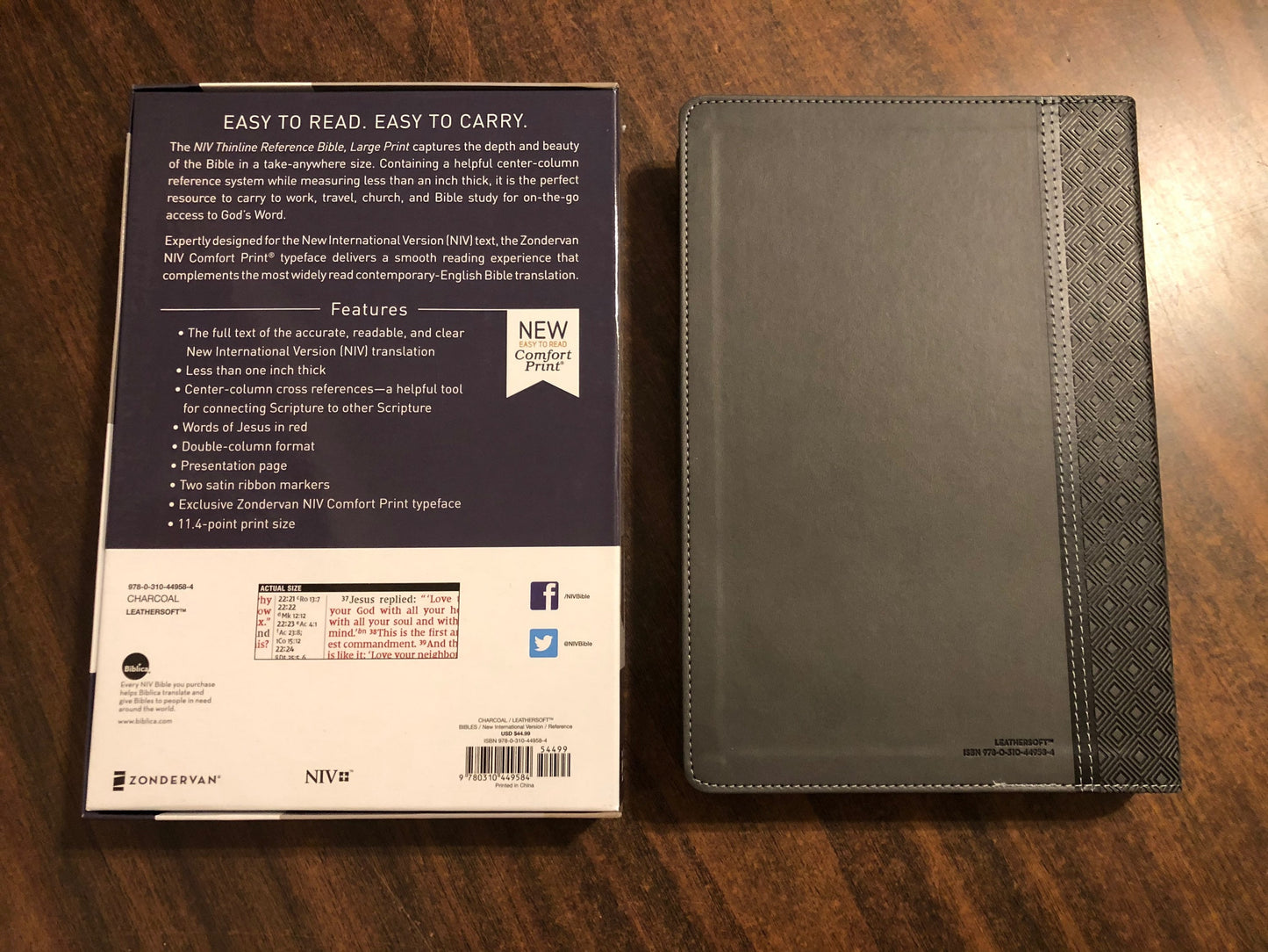 Personalized Bible - NIV Large Print Thinline Reference Bible - Charcoal Gray LeatherSoft Cover Custom Imprinted Embossed with Name 9780310449584