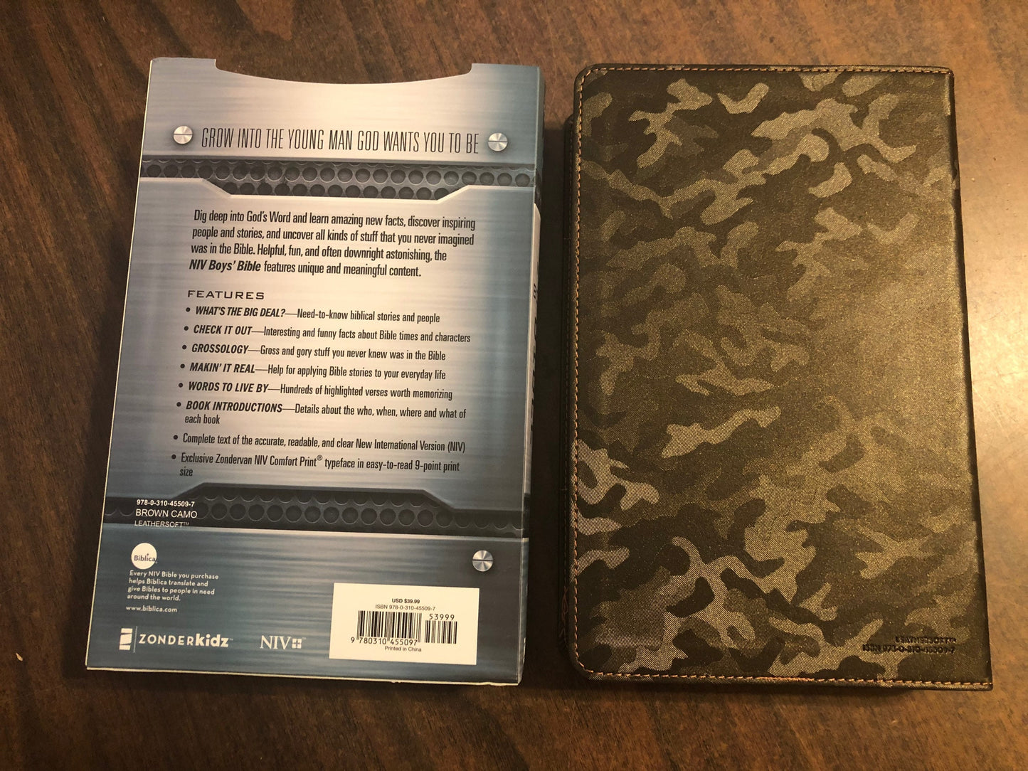 Personalized NIV Boys Bible - Brown Camo LeatherSoft - Custom Imprinted with a name - 9780310455097, Ages 8-12