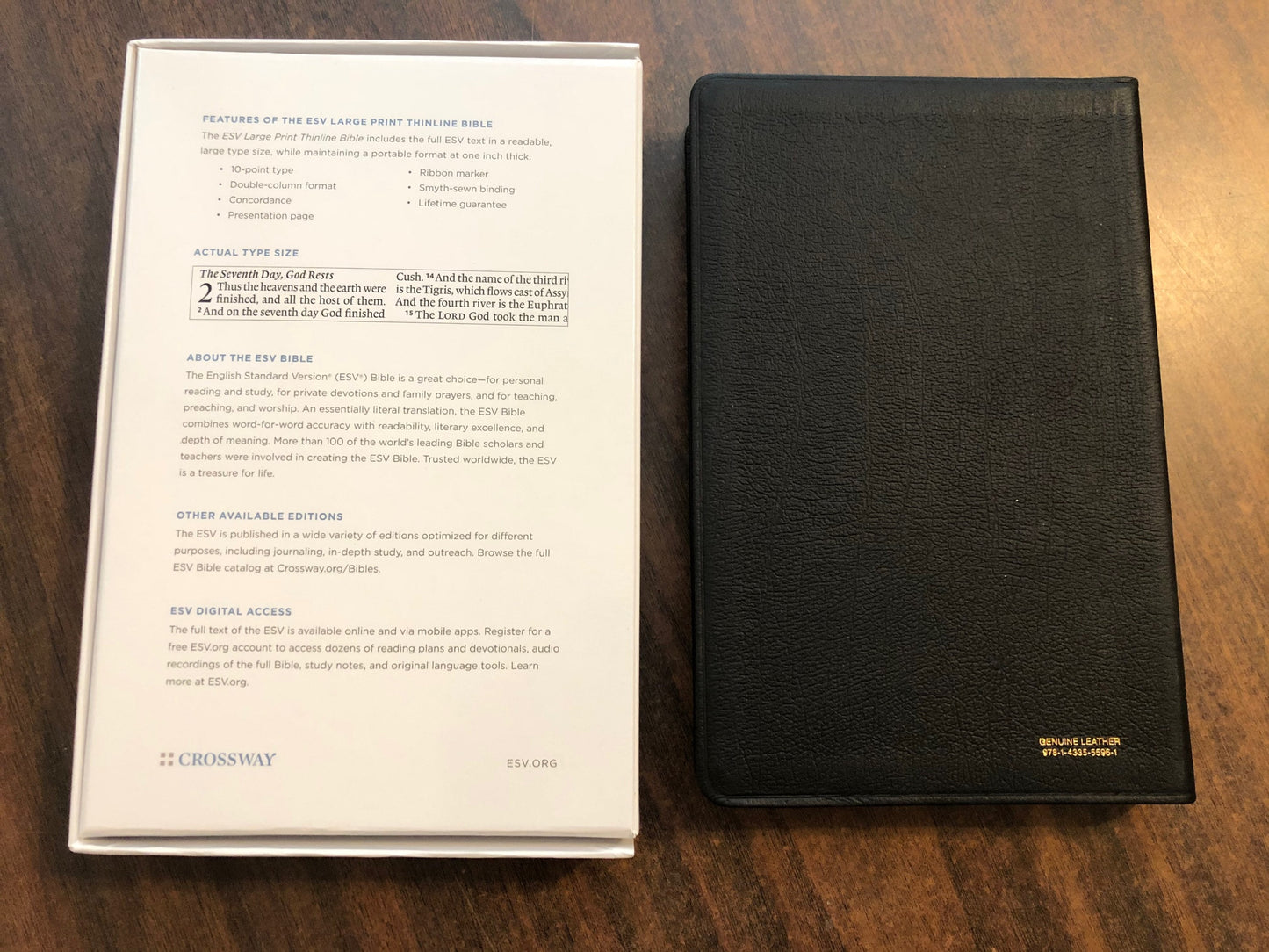 Personalized ESV Large Print Thinline Bible - Black Genuine Leather - Custom Imprinted with name engraved 9781433555961