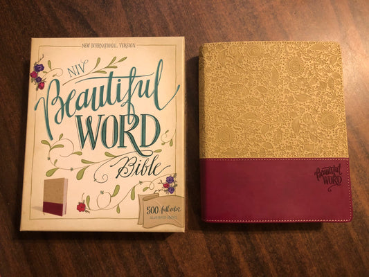 Personalized NIV Beautiful Word Journaling Bible - Taupe / Cranberry Duotone ** Custom Imprinted, bible with journaling space, art journaling bible 9780310444275