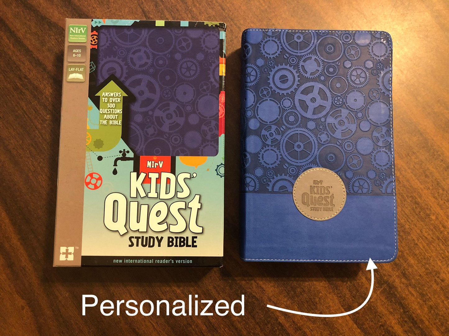 PERSONALIZED NIRV Kids Quest Study Bible - Blue Duo Tone ** Custom Imprinted