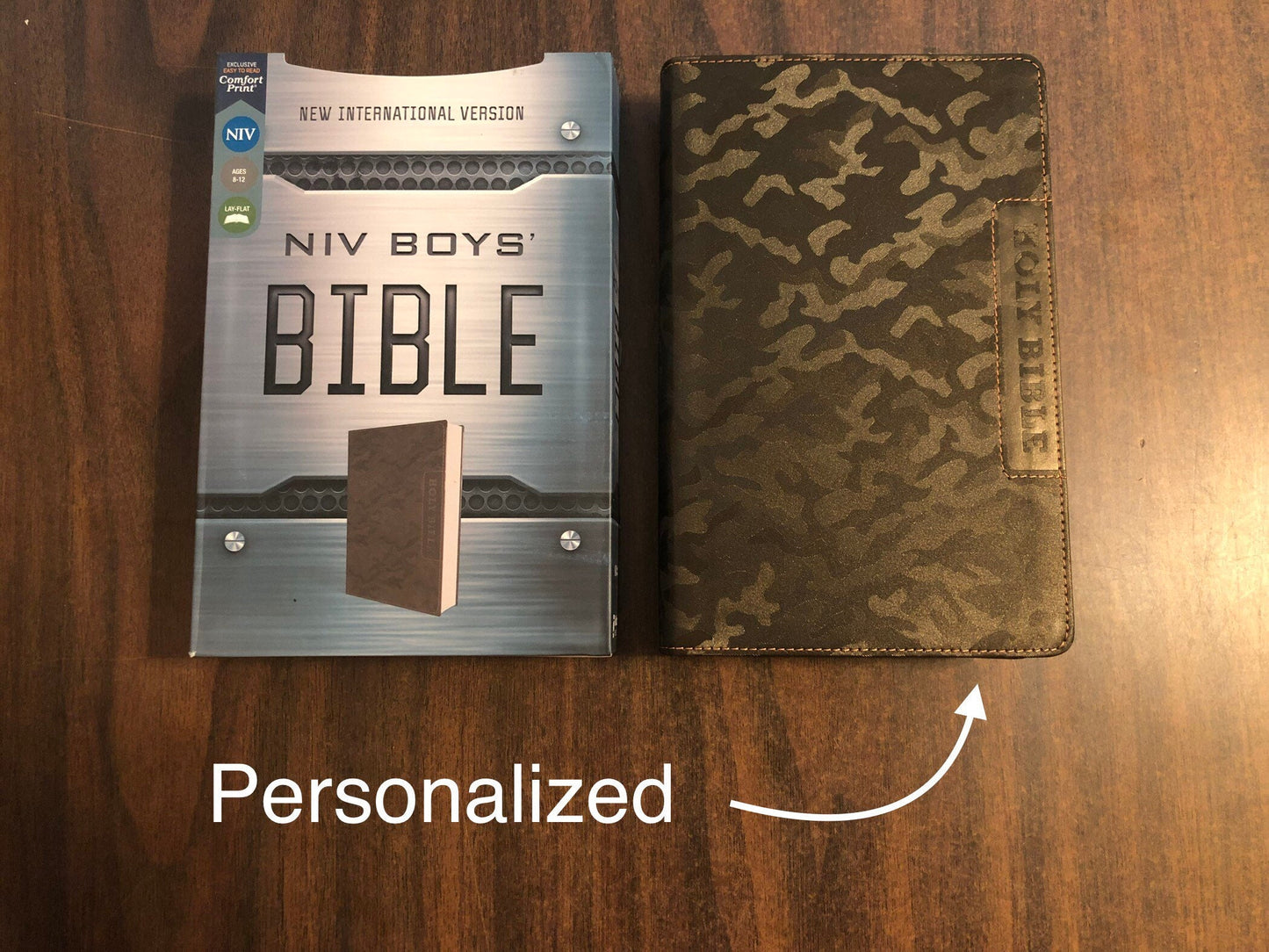Personalized NIV Boys Bible - Brown Camo LeatherSoft - Custom Imprinted with a name - 9780310455097, Ages 8-12