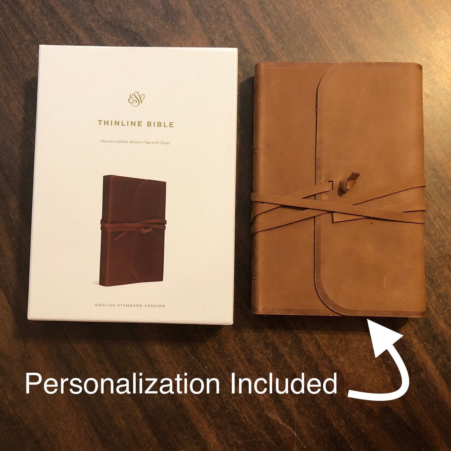 Personalized ESV Thinline Bible - Brown Natural Genuine Leather with Flap Custom Imprinted, ISBN 9781433553417, 16spaces