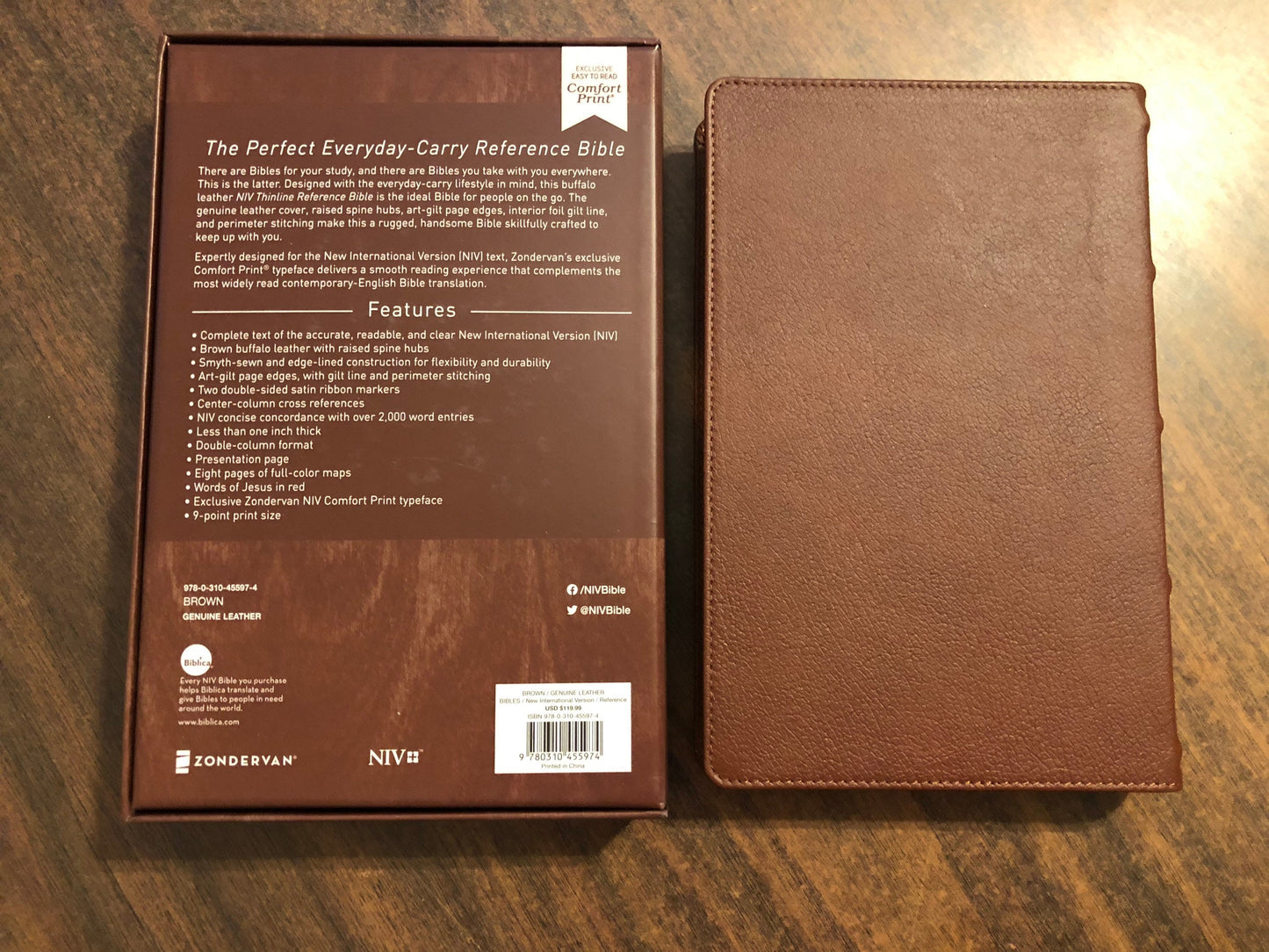 Personalized Genuine Leather NIV Thinline Reference Bible - Brown Genuine Buffalo Leather, Custom name Imprinted, Cener Column Reference 9780310455974