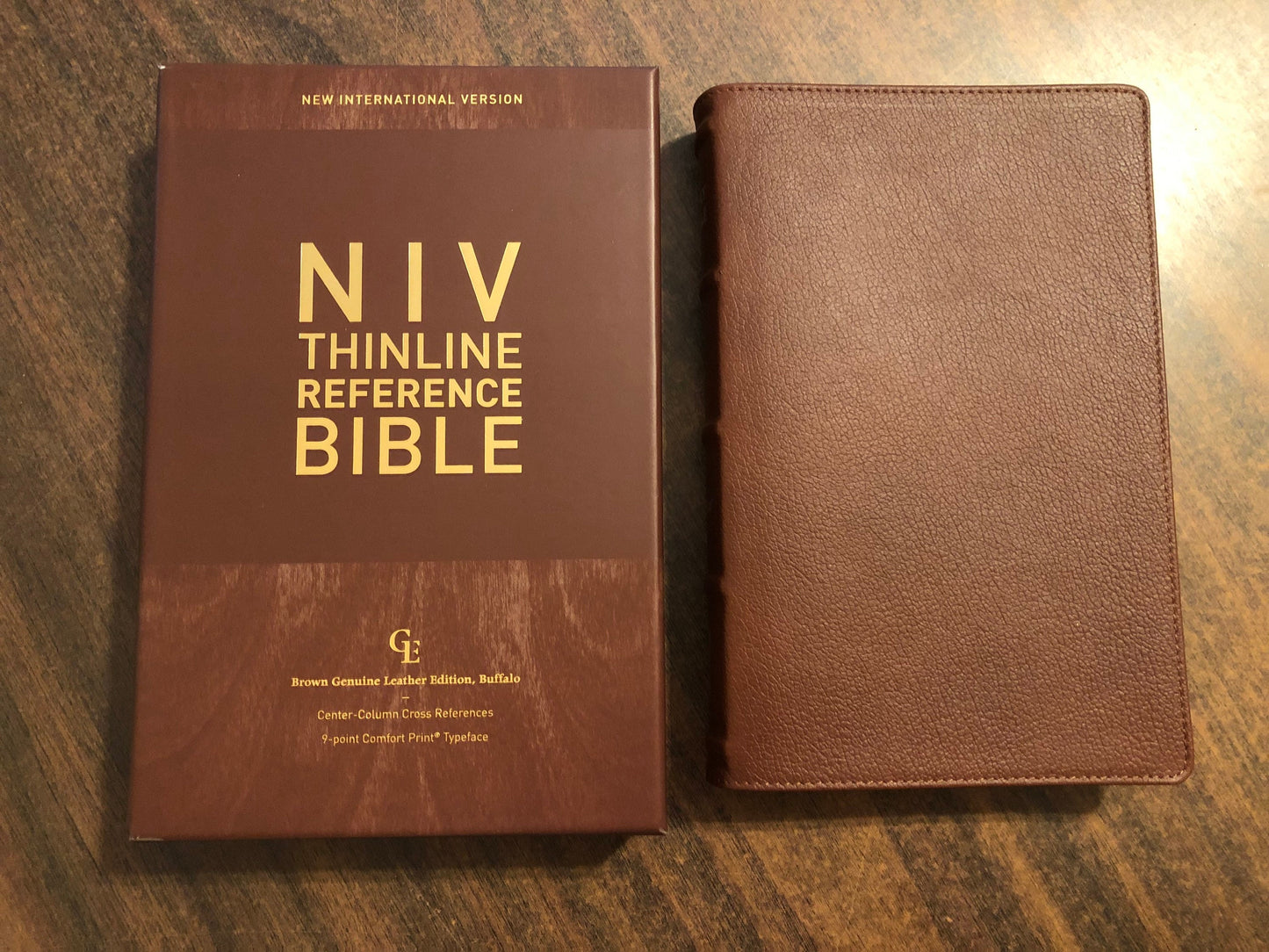 Personalized Genuine Leather NIV Thinline Reference Bible - Brown Genuine Buffalo Leather, Custom name Imprinted, Cener Column Reference 9780310455974