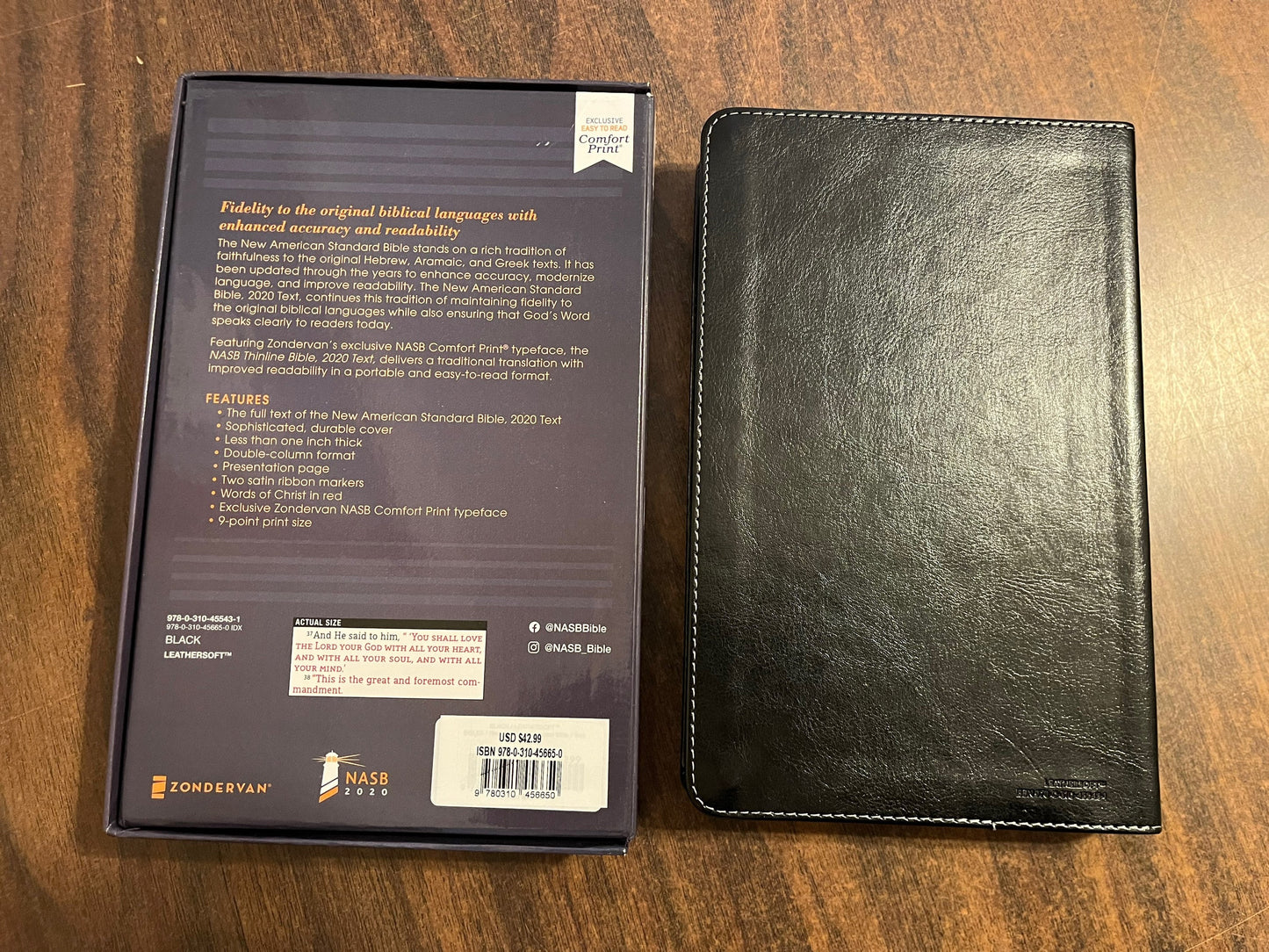 Personalized NASB Thinline Bible Thumb Indexed - Black LeatherSoft, Custom Imprinted, ISBN 9780310456650, NASB 2020 Text
