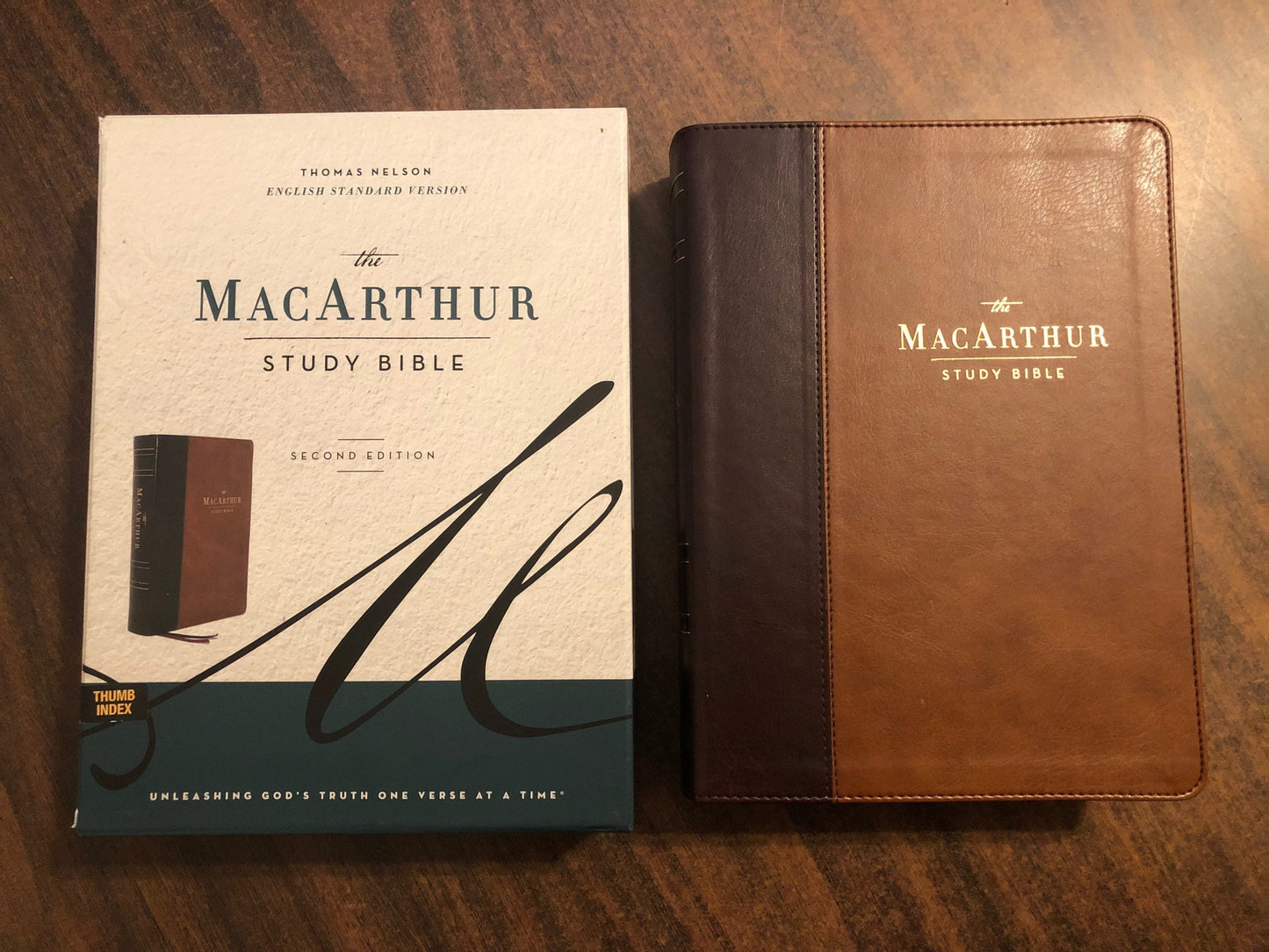 Personalized ESV MacArthur Study Bible Thumb Indexed, Brown LeatherSoft, ISBN 9780785235651 Custom Imprinted with a name