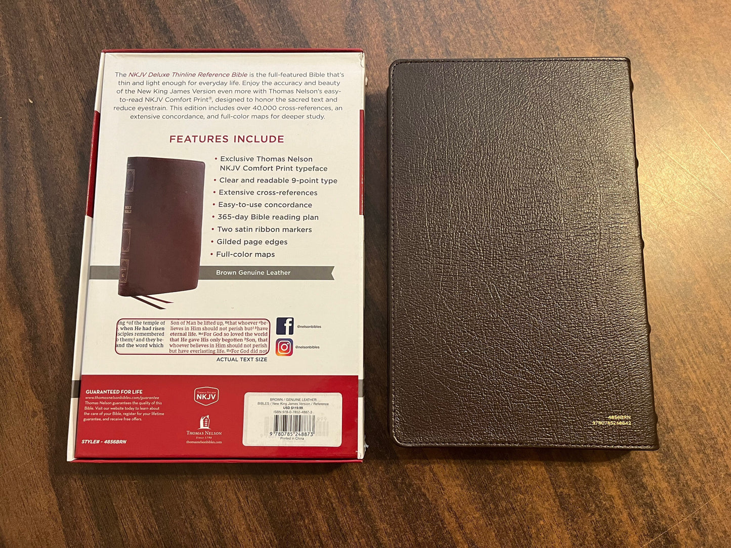 Personalized NKJV Thinline Reference Bible Thumb Indexed - Brown Genuine Leather, Custom Imprinted with name, ISBN 9780785248873