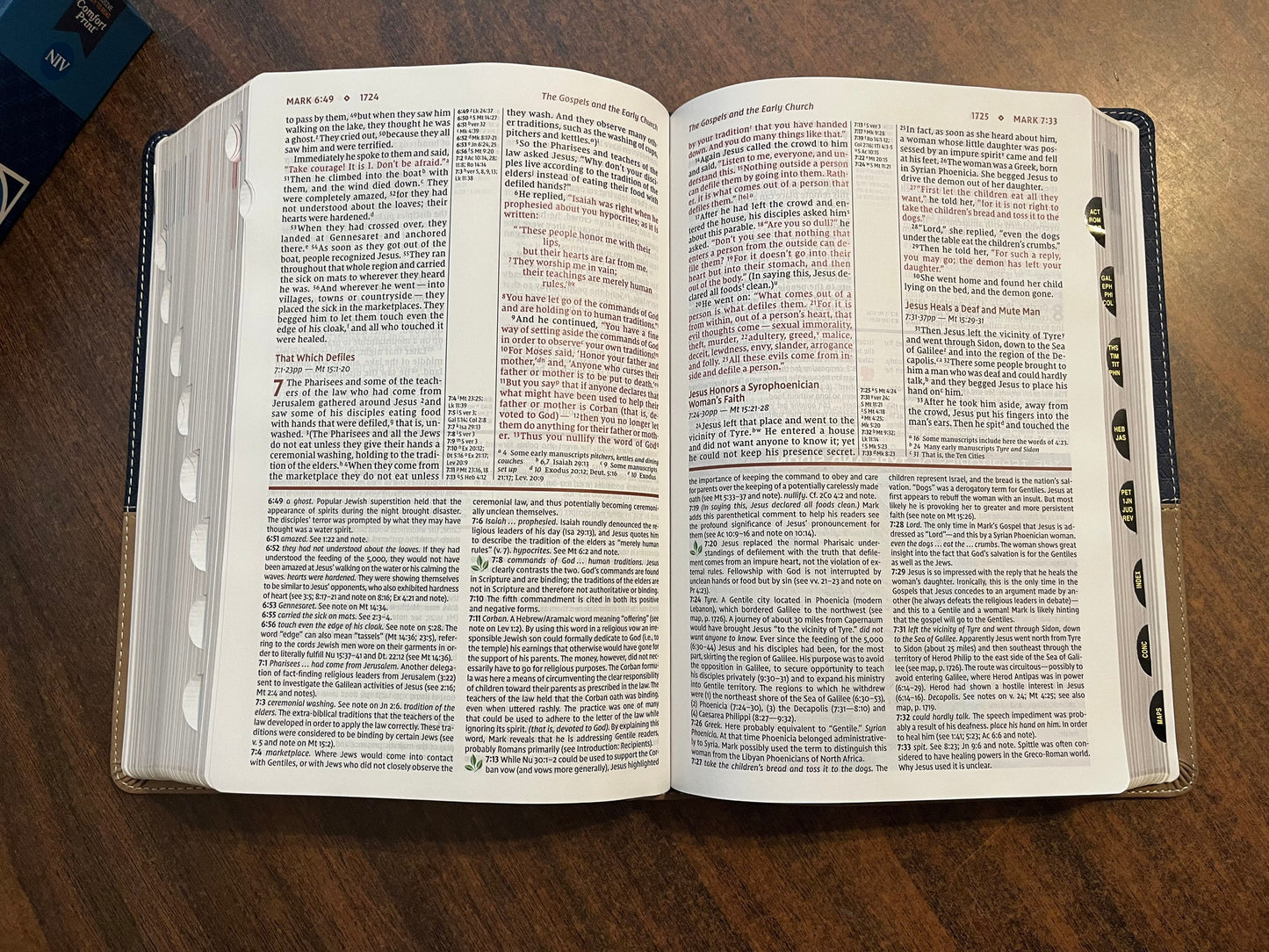 Personalized NIV Study Bible Thumb Indexed - Navy Blue / Tan Brown LeatherSoft - Custom imprinted with a name, 9780310449027