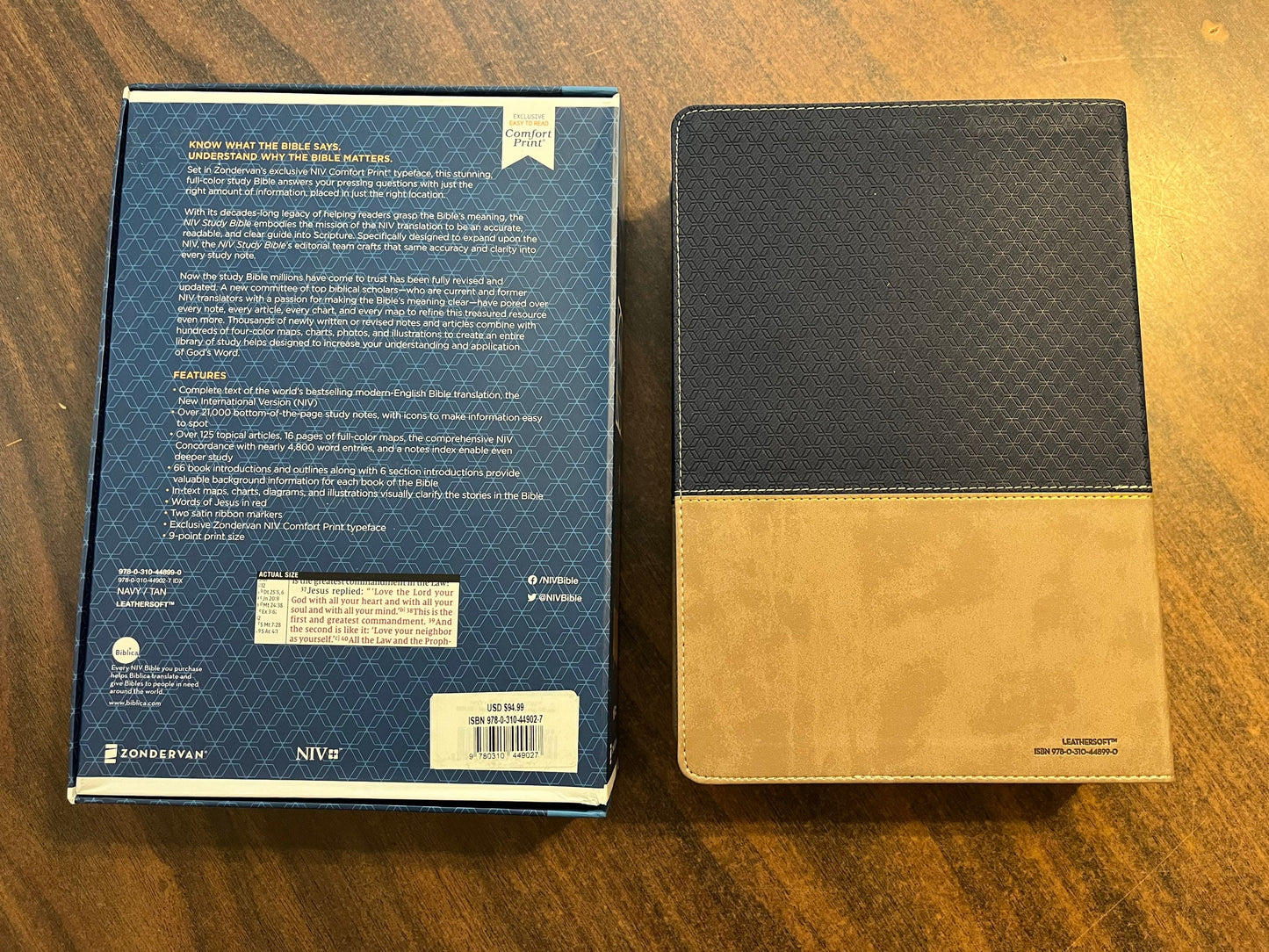 Personalized NIV Study Bible Thumb Indexed - Navy Blue / Tan Brown LeatherSoft - Custom imprinted with a name, 9780310449027