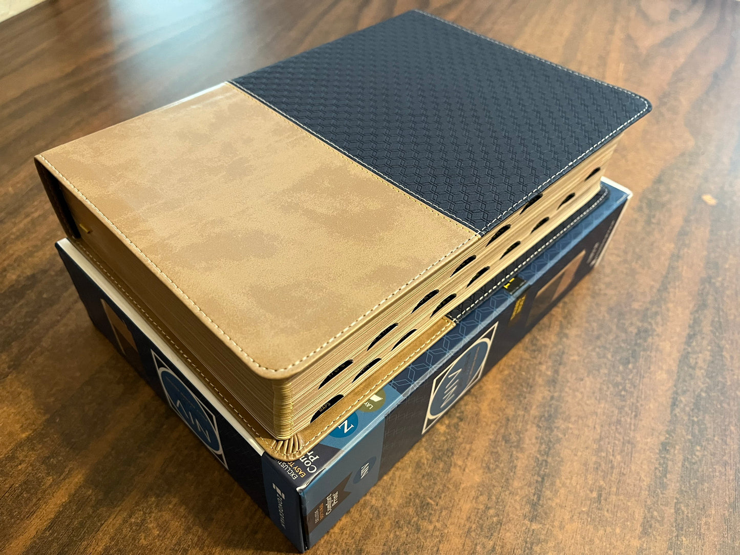 Personalized NIV Study Bible Thumb Indexed - Navy Blue / Tan Brown LeatherSoft - Custom imprinted with a name, 9780310449027