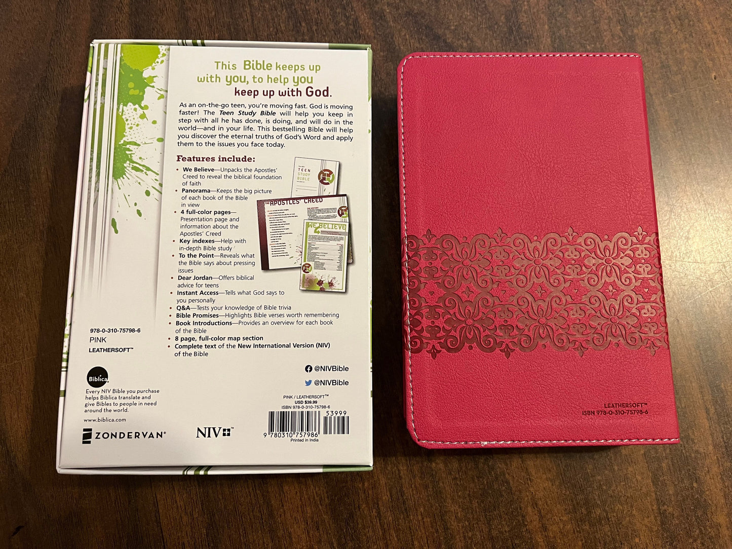 Personalized NIV Teen Study Bible Compact - Pink LeatherSoft - custom imprinted with name - 9780310757986 20spaces
