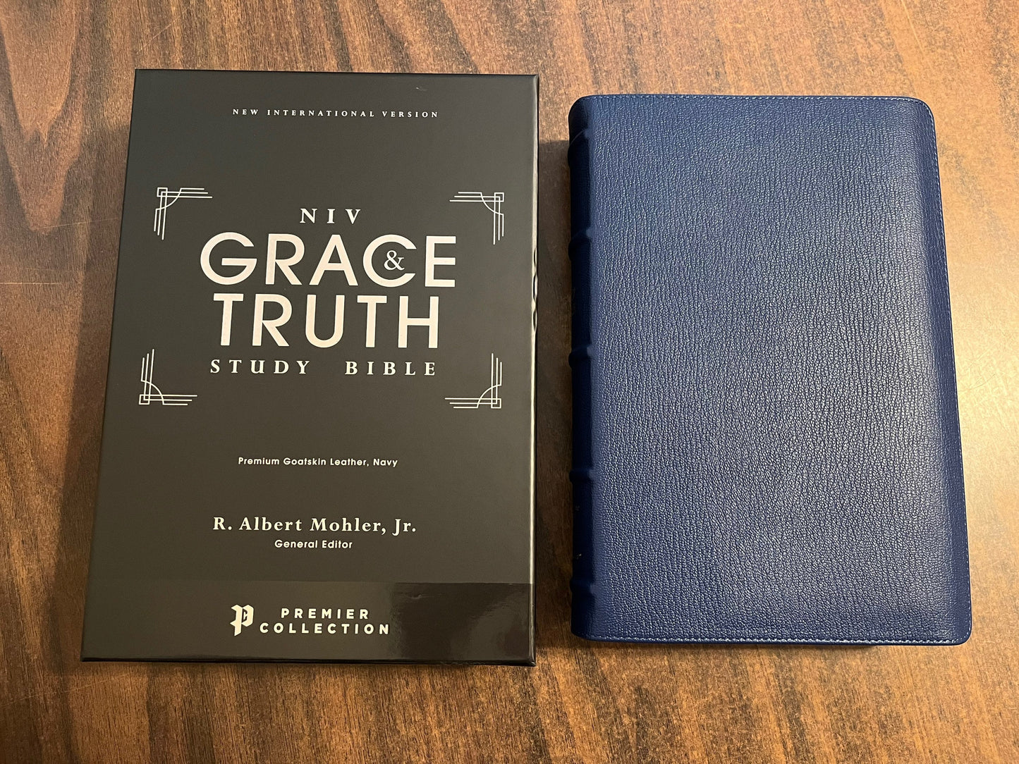 Personalized NIV Grace & Truth Study Bible - Navy Blue Goatskin Genuine Leather, with Red Lining, Custom Imprinted with name, ISBN 9780310447269