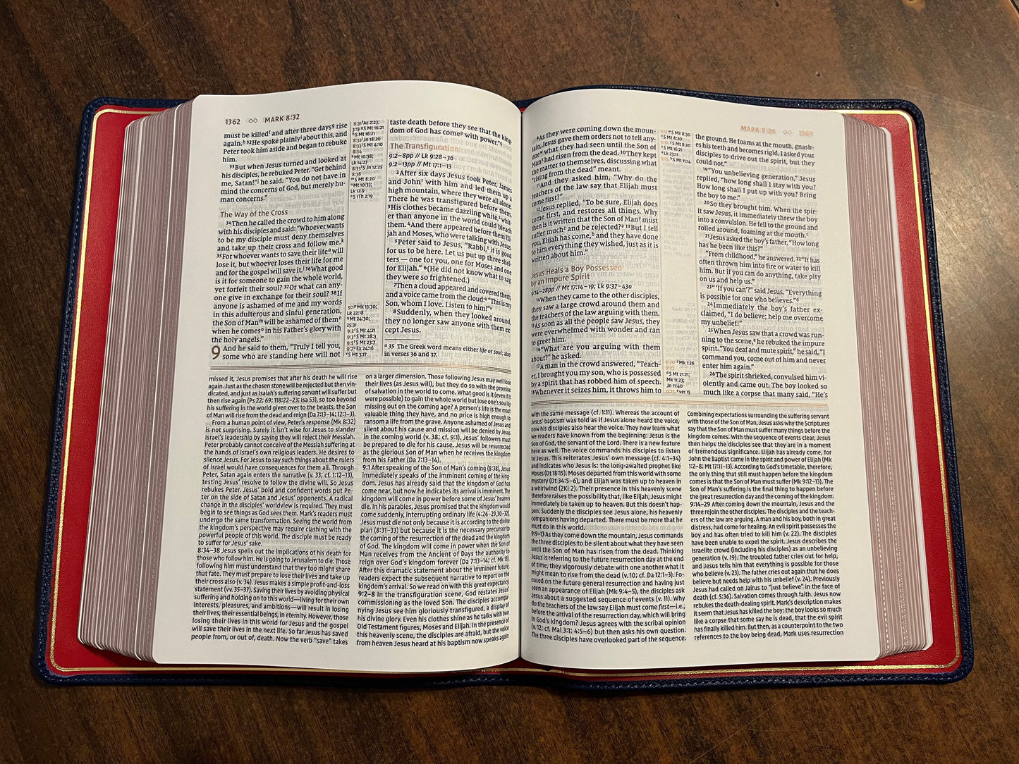 Personalized NIV Grace & Truth Study Bible - Navy Blue Goatskin Genuine Leather, with Red Lining, Custom Imprinted with name, ISBN 9780310447269