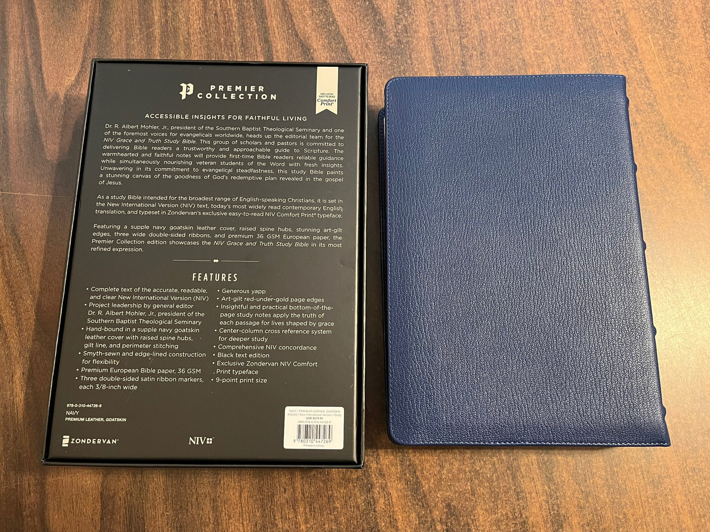 Personalized NIV Grace & Truth Study Bible - Navy Blue Goatskin Genuine Leather, with Red Lining, Custom Imprinted with name, ISBN 9780310447269