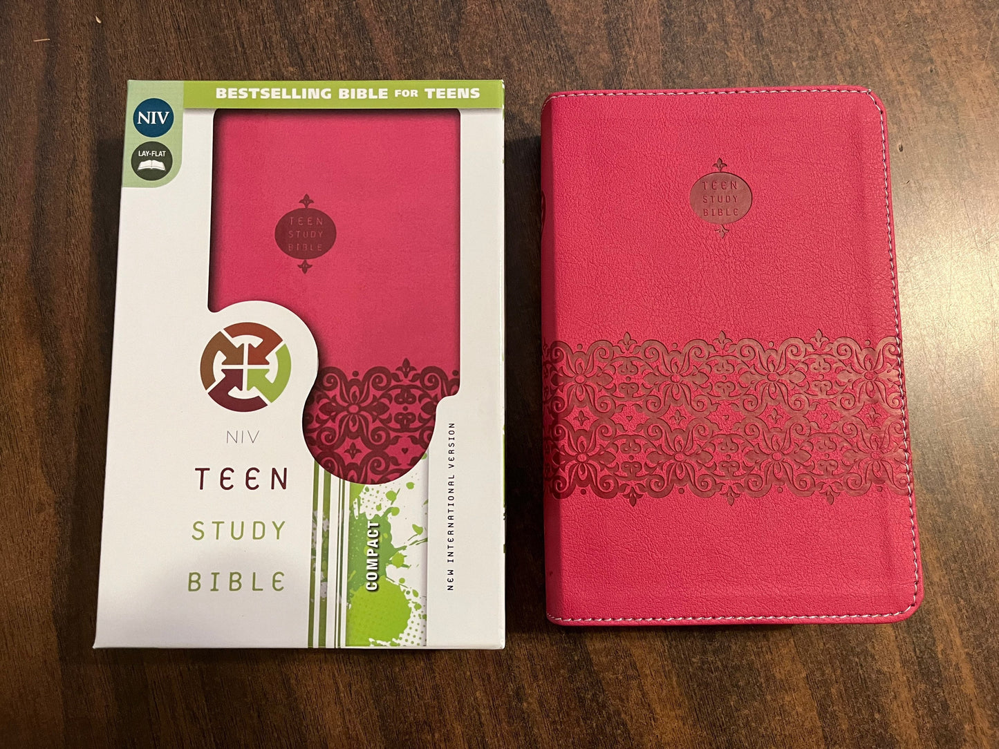 Personalized NIV Teen Study Bible Compact - Pink LeatherSoft - custom imprinted with name - 9780310757986 20spaces