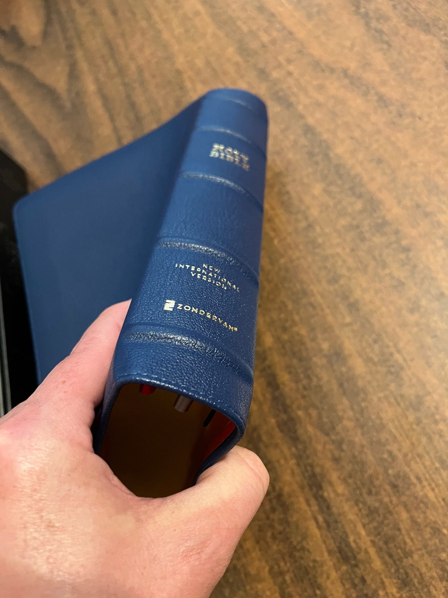Personalized NIV Grace & Truth Study Bible - Navy Blue Goatskin Genuine Leather, with Red Lining, Custom Imprinted with name, ISBN 9780310447269
