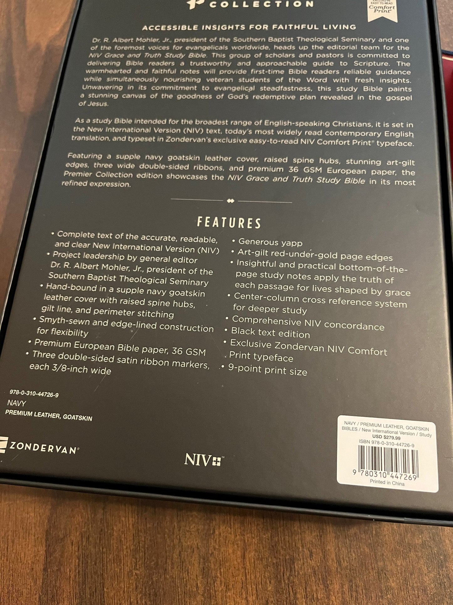 Personalized NIV Grace & Truth Study Bible - Navy Blue Goatskin Genuine Leather, with Red Lining, Custom Imprinted with name, ISBN 9780310447269
