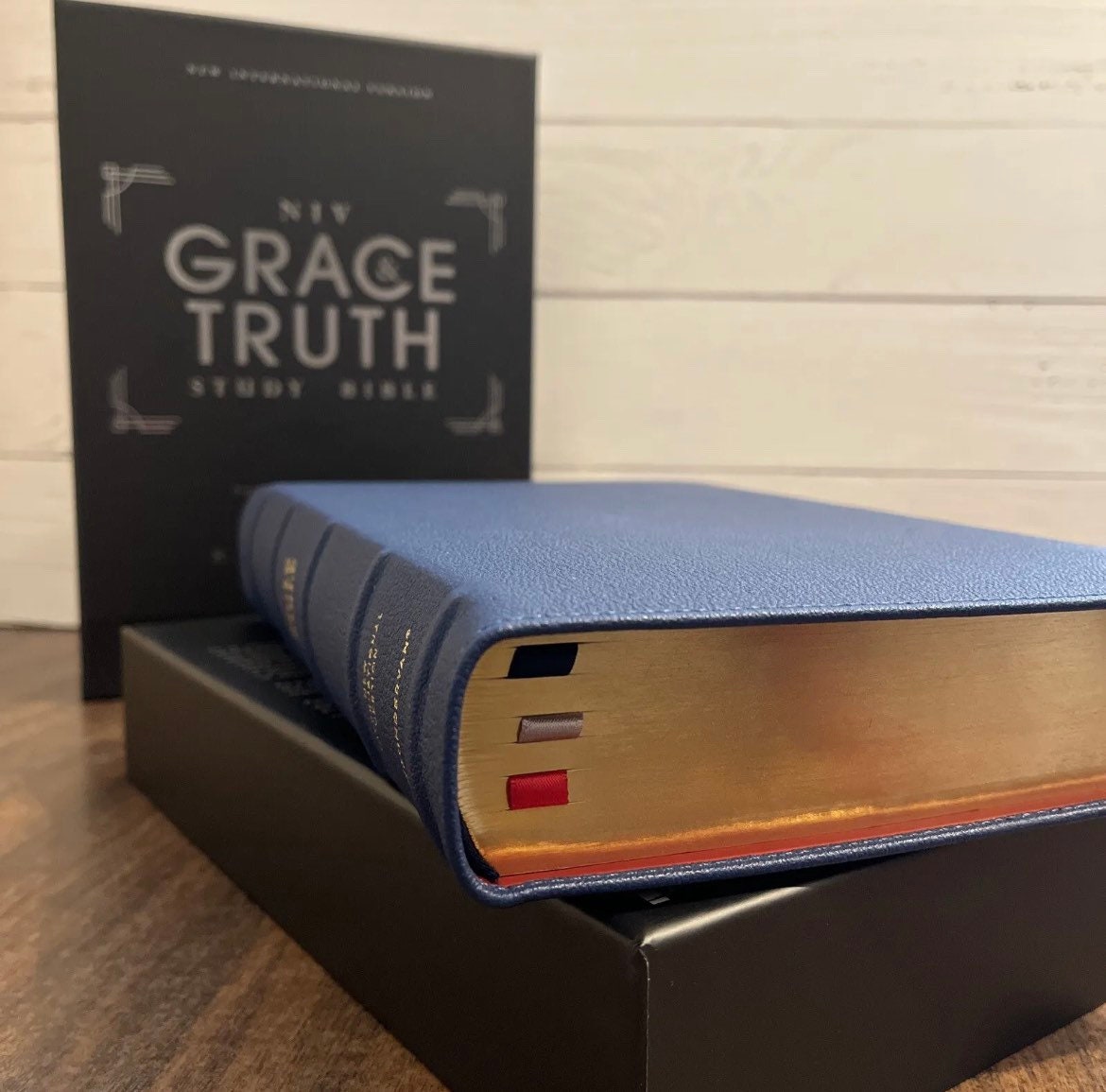 Personalized NIV Grace & Truth Study Bible - Navy Blue Goatskin Genuine Leather, with Red Lining, Custom Imprinted with name, ISBN 9780310447269