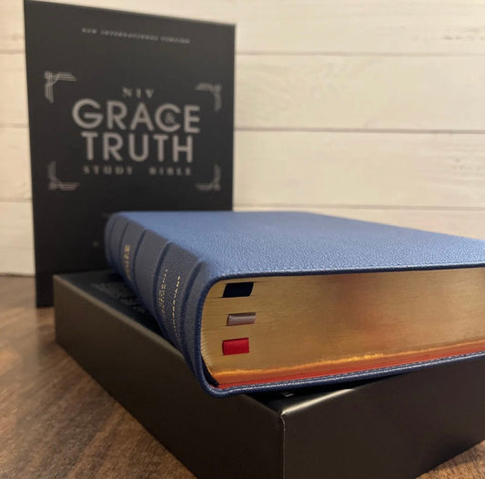 Personalized NIV Grace & Truth Study Bible - Navy Blue Goatskin Genuine Leather, with Red Lining, Custom Imprinted with name, ISBN 9780310447269