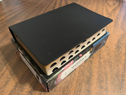 Personalized NIV Womans Study Bible Large Print Thumb Indexed - Black Genuine Leather,  Custom Imprinted with name, name engraved bible 9780785257622