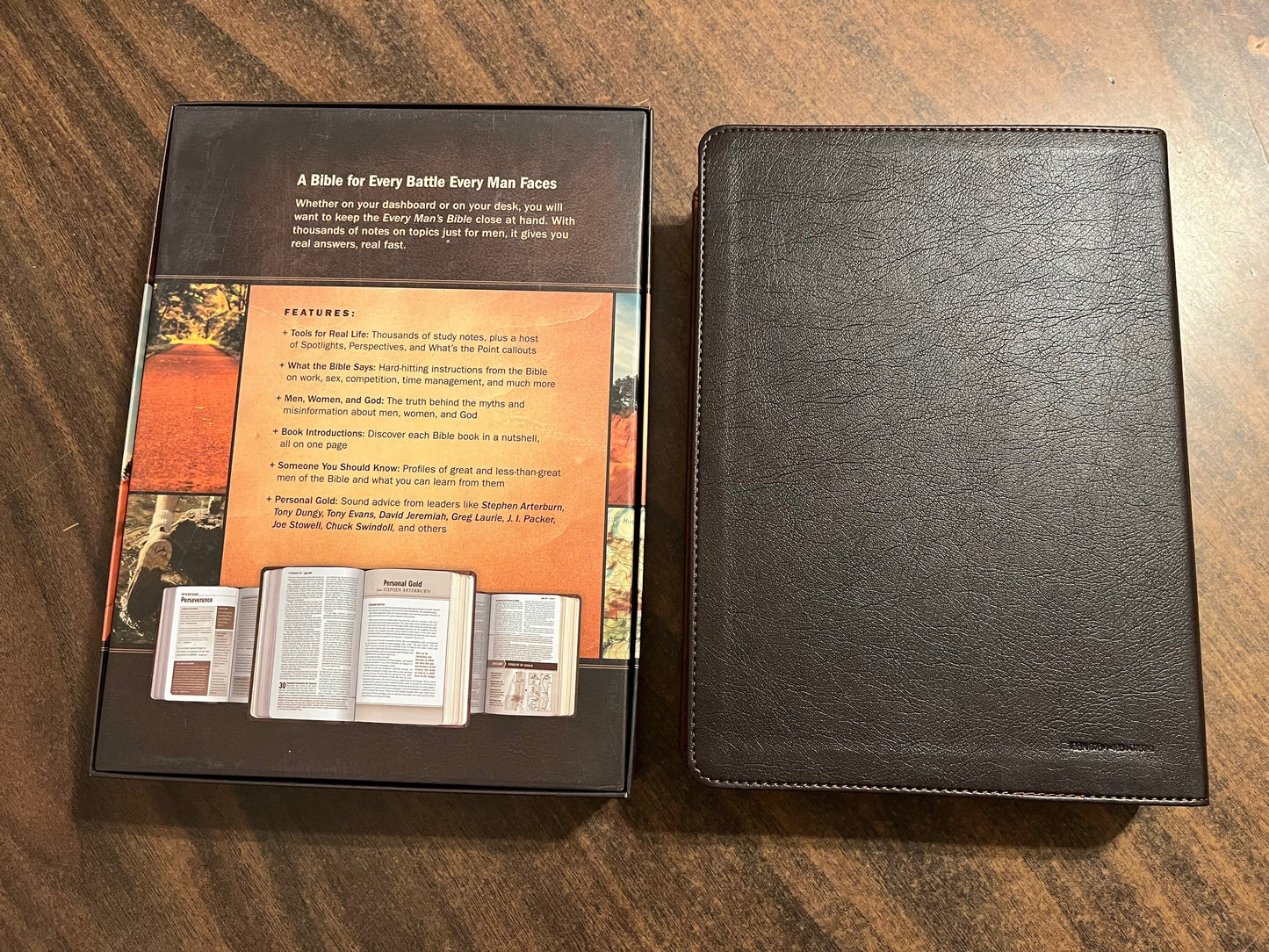 Personalized NLT Large Print Every Mans Devotional Bible Thumb Indexed - Brown / Tan TuTone - Custom Imprinted, name engraved bible