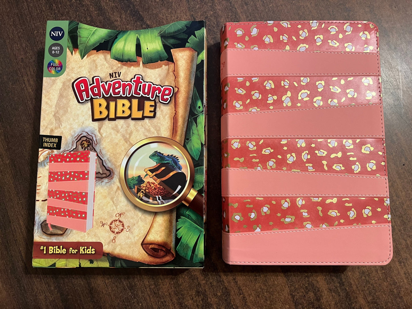 Personalized NIV Adventure Bible Thumb Indexed - Coral LeatherSoft - Custom Imprinted with name, kids study bible, 9780310461890