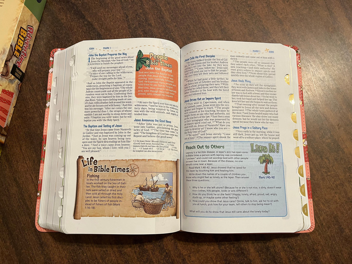 Personalized NIV Adventure Bible Thumb Indexed - Coral LeatherSoft - Custom Imprinted with name, kids study bible, 9780310461890