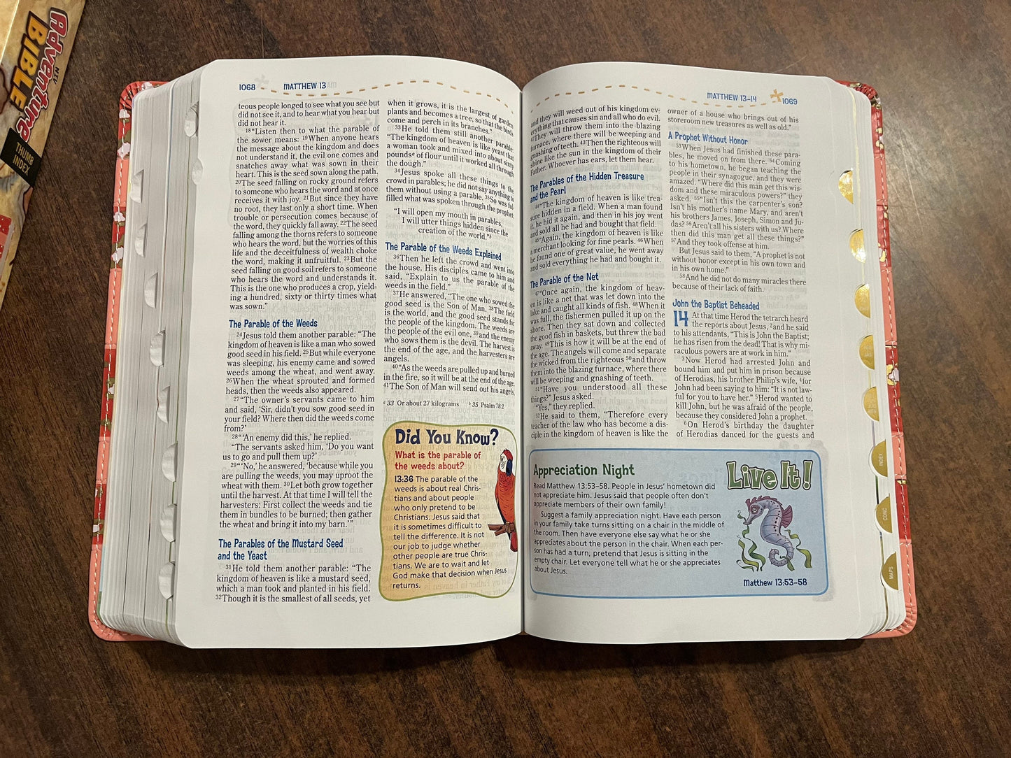Personalized NIV Adventure Bible Thumb Indexed - Coral LeatherSoft - Custom Imprinted with name, kids study bible, 9780310461890